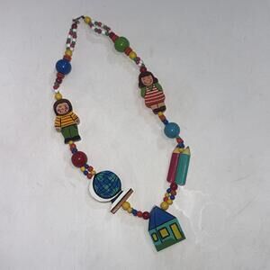 Vintage Inspire Wooden Hand Painted Children World School Globe Teacher Necklace